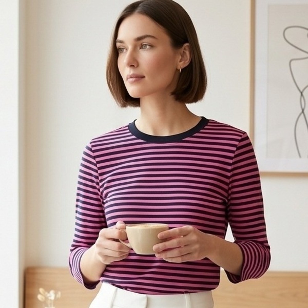 Lauren Ralph Lauren Womens L Pink Black Striped 3/4 Sleeve Cotton Knit Top Large